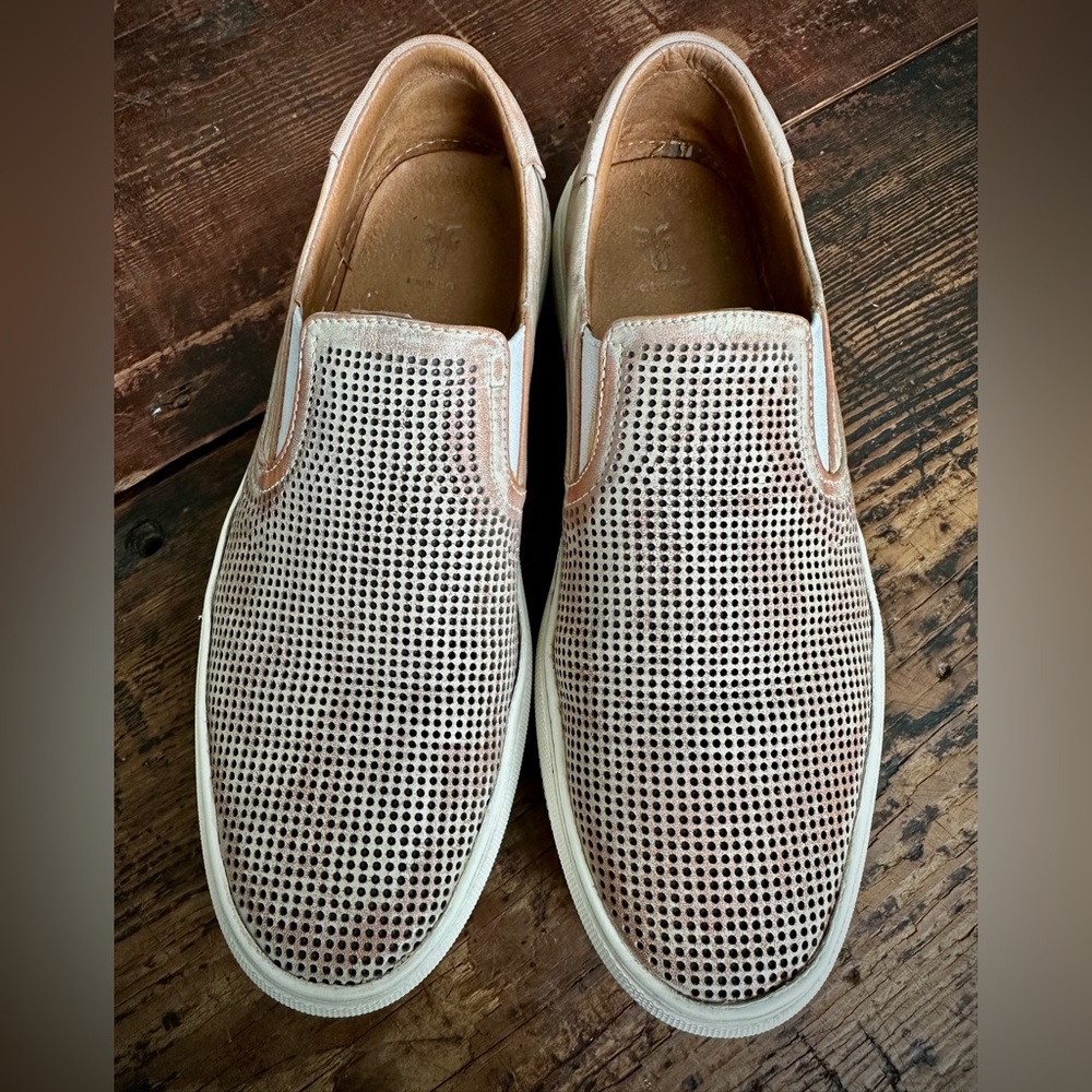 Frye Tan and Cream Brett Perf Leather Slip-On Loafers